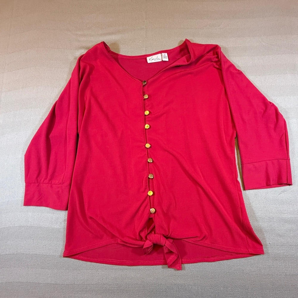Kim Rogers Petite Red V-Neck Button Front Tie Hem Knit Top PS 2469